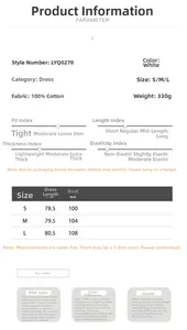 Detailed size chart for white cotton shirt dress including bust and length measurements