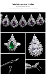 Detailed close-up of bridal jewelry set with pear-cut green and purple gemstones