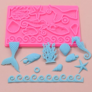 Ocean theme silicone mold for DIY baking with mermaid tail, seahorse and seashell shapes