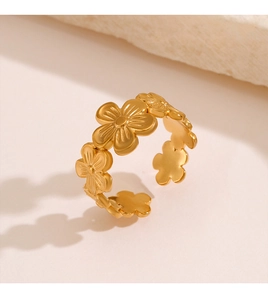 Close-up of golden adjustable flower ring featuring a matte floral pattern design