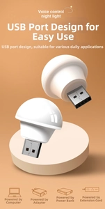 Voice-controlled USB night light showing plug-and-play compatibility with various devices