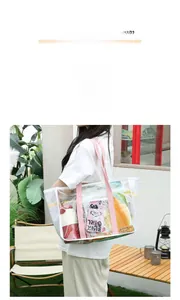 Detailed view of clear PVC tote bag with pink straps showing spacious beach storage capacity