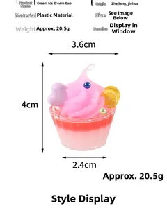 Detailed view of pink miniature cream sundae cup with purple heart and lemon decorations