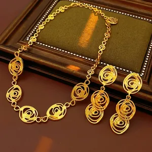 Vintage Flower Hollow Spiral Rose Gold Plated Copper Necklace And Drop Earrings With Silver Earring Post For Women