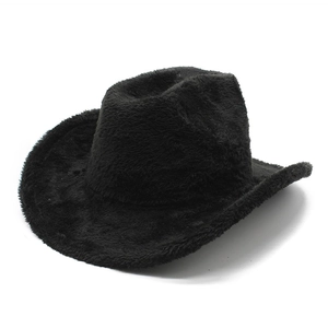 Chapeau de cowboy noir en fausse fourrure de lapin avec large bord et texture douce et pelucheuse