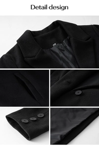 Detailing notched lapels, flap pockets, buttons, and inner lining of a black wool coat