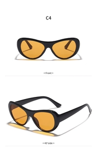 Front and side view of oval Y2K sunglasses with black frames and orange lenses