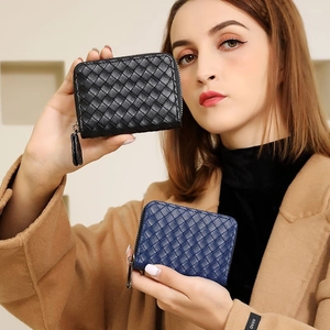 Porte Cartes En Cuir PU Tressé Portefeuille Fermeture Éclair Accordéon Grande Capacité Porte Monnaie Pour Femmes