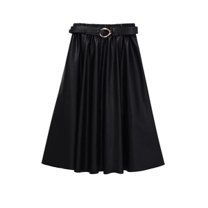 Elegant black high-waisted PU leather pleated midi skirt with matching belted waist