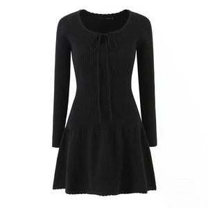 Minimalist black knitted long sleeve slim dress with bow tie collar and pleated hemline
