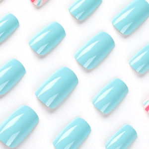 Sky blue glossy press on nails in a square-round shape arranged on a white background