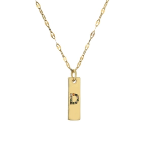 Gold plated necklace with rectangle pendant featuring colorful rhinestones letter D