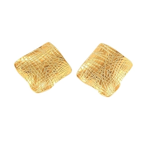 Golden irregular square metal earrings with unique woven mesh texture and minimalist design