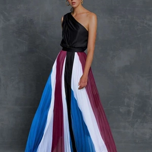 Elegant off-shoulder pleated maxi dress with a color-block patchwork skirt for women