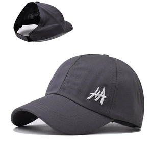Detail of high ponytail opening and HA embroidery on dark grey cotton baseball cap