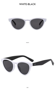 Front and side views of stylish white frame cat-eye sunglasses with black lenses