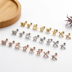 20G stainless steel helix studs with cubic zirconia in star, heart and cross shapes