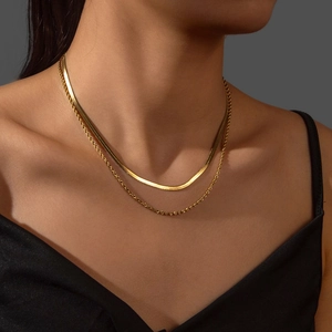 Double-layered 18k gold plated stainless steel snake and rope chain necklace for women