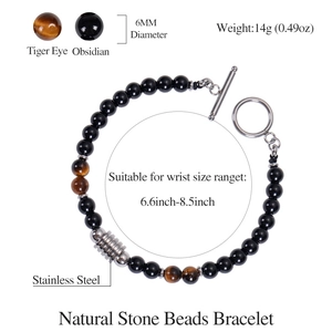 6mm tiger eye and obsidian beaded bracelet with stainless steel OT buckle for men