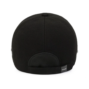 Men's winter baseball cap in black wool fabric featuring adjustable back strap and ear flaps