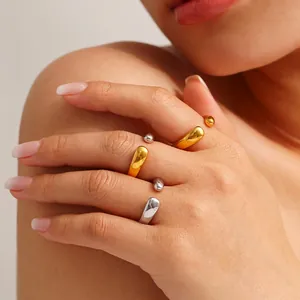 Minimalist Stainless Steel Open Ring 18K Gold Plated Adjustable Teardrop Geometric Water Drop Jewelry For Women