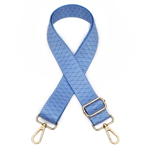 Adjustable wide replacement bag strap with blue wave pattern and gold metal buckles