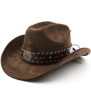 Western Cowboy Hat Faux Suede Wide Brim With Leather Band Rivets Turquoise Vintage Bohemian Sun Hat For Women Men