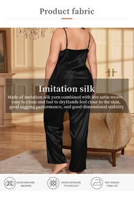 Detail of black imitation silk pajama back view with spaghetti straps and smooth texture