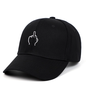Classic black cotton baseball cap featuring white middle finger hand gesture embroidery