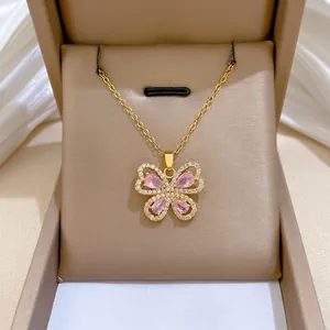 Butterfly Pendant Necklace Stainless Steel Chain Copper Pink White Cubic Zirconia Hollow Elegant Luxury For Women