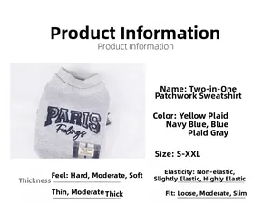 Detail view of pet hoodie size chart and gray checkered fabric texture parameters