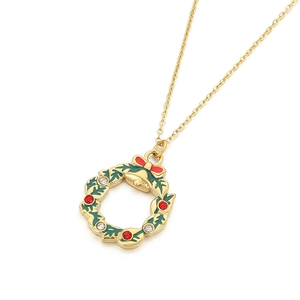 Christmas wreath necklace with green enamel and red crystal stones on a gold chain