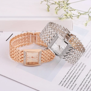 Elegant square quartz watches in gold and silver with rhinestone bezel and wave chain band