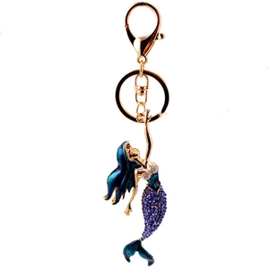 Rhinestone mermaid keychain with blue-green hair and purple tail on a gold metal ring