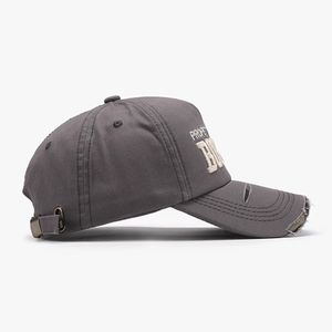 Distressed dark grey baseball cap with white 3D letter embroidery and vintage worn brim