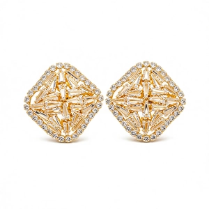 Elegant gold square stud earrings with sparkling cubic zirconia in a radial sunburst design