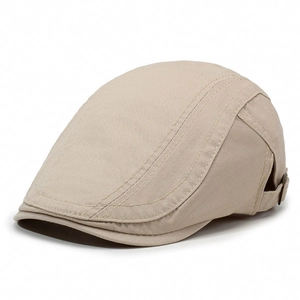 Unisex beige cotton beret flat cap with side metal buckle and fine stitching details
