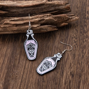 Gothic Halloween poison bottle earrings with skeleton print and acrylic wing details