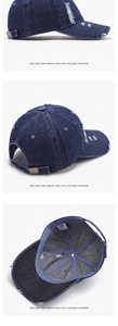 Detailed views of vintage distressed navy denim baseball cap with metal buckle closure