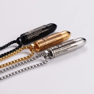 Mens stainless steel bullet pendant necklace with engraved cross and prayer in three colors