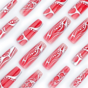 Glossy long coffin press-on nails with red gradient and silver abstract flame patterns