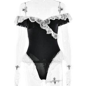 Sexy black backless bodysuit for women with white lace trim and off-shoulder design