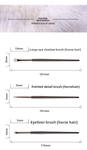 Detailed view of horse hair eyeshadow and eyeliner brushes with specific dimensions