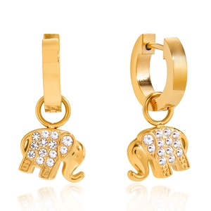 Elegant gold-plated elephant hoop earrings with sparkling rhinestones on white background