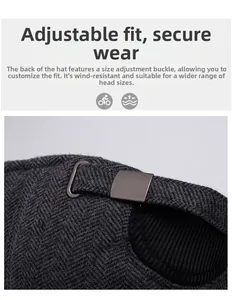 Detail of adjustable metal buckle and strap on grey herringbone wool baseball cap