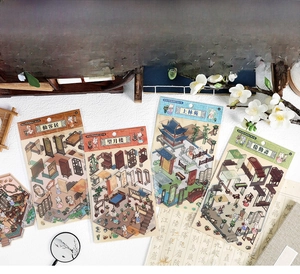 Detailed view of Chinese 3D miniature architectural stickers for DIY scrapbooking