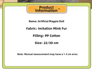 Size and material info for magpie plush toy made of faux mink fur and PP cotton