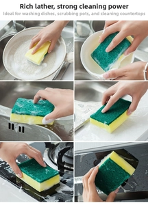 Kitchen scrubbing sponge showing rich foam cleaning dishes and sinks in a six-grid view