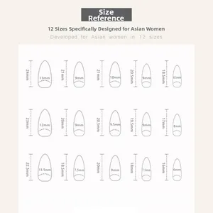 Detailed size chart guide for press-on nails in 15 variations for perfect fitting