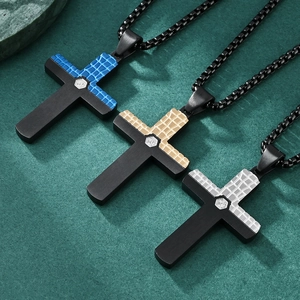 Mens stainless steel cross necklace set in blue gold and silver crackle texture
